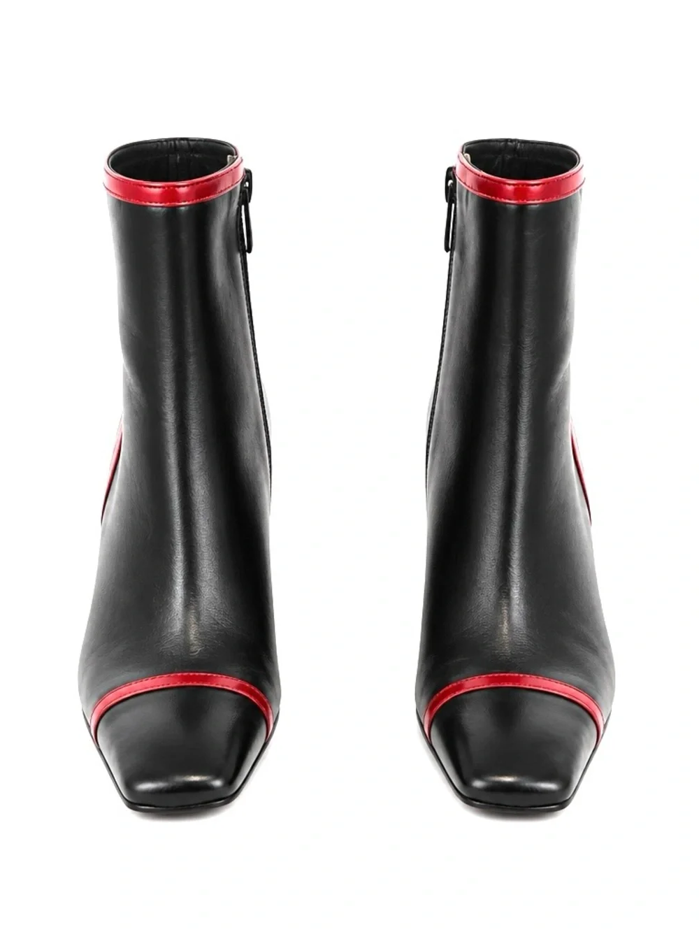 Women's Black Leather Ankle Boots with Red Trim and Side Zipper